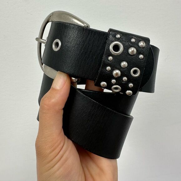 Black Genuine Leather Belt Silver Studded & Grommet Buckle Size S main image 8